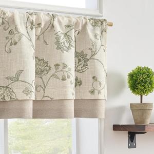 jinchan Linen Blend Rustic Floral Valance Double Layer Light Filtering Valance 18 Inch Cottagecore Farmhouse Window Treatment Decor for Kitchen Bedroom Living Room Rod Pocket 1 Panel Sage on Beige