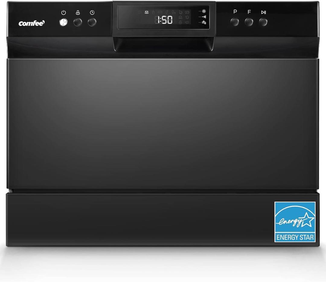 COMFEE Countertop Dishwasher, Energy Star Portable Dishwasher, 6 Place Settings & 8 Washing Programs, Speed, Baby-Care, ECO& Glass, Dish Washer for Dorm, RV& Apartment, Black