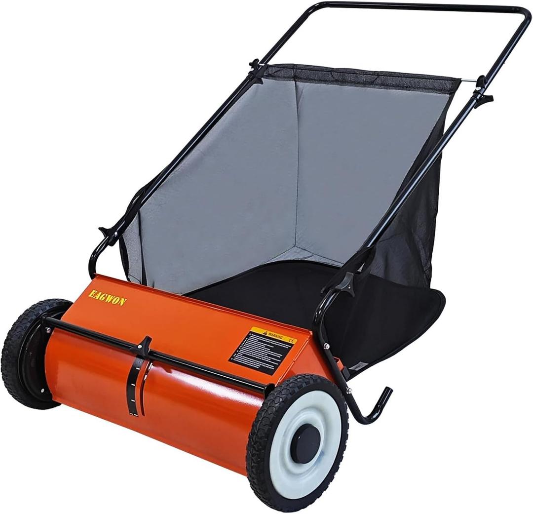 Push Lawn Sweeper, 26-Inch Width, 7 Cu. Ft. Hopper Capacity, 4 Spinning Brushes, Adjustable Height, Durable Steel Frame with Rubber Wheels, Orange