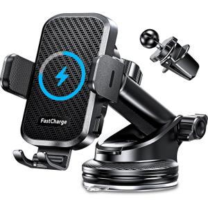 CHGeek Wireless Car Charger with Phone Holder Mount, 15W Fast Charging Auto Clamping Phone Holders for You Car Windshield Dashboard Air Vent Accessories for iPhone, Samsung Galaxy, Google, etc