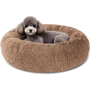 Dog Calming Beds for Small Medium Large Dogs - Round Donut Washable Puppy Dog Bed, Anti-Slip Faux Fur Fluffy Donut Cuddle Anxiety Cat Pet Bed(20'' Khaki