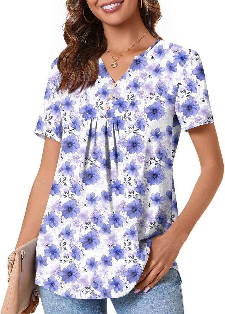 Anydeer Womens Short Sleeve Summer Tunic Tops Dressy Chiffon Blouse Henley Shirts 2026 Casual Pullover (L)