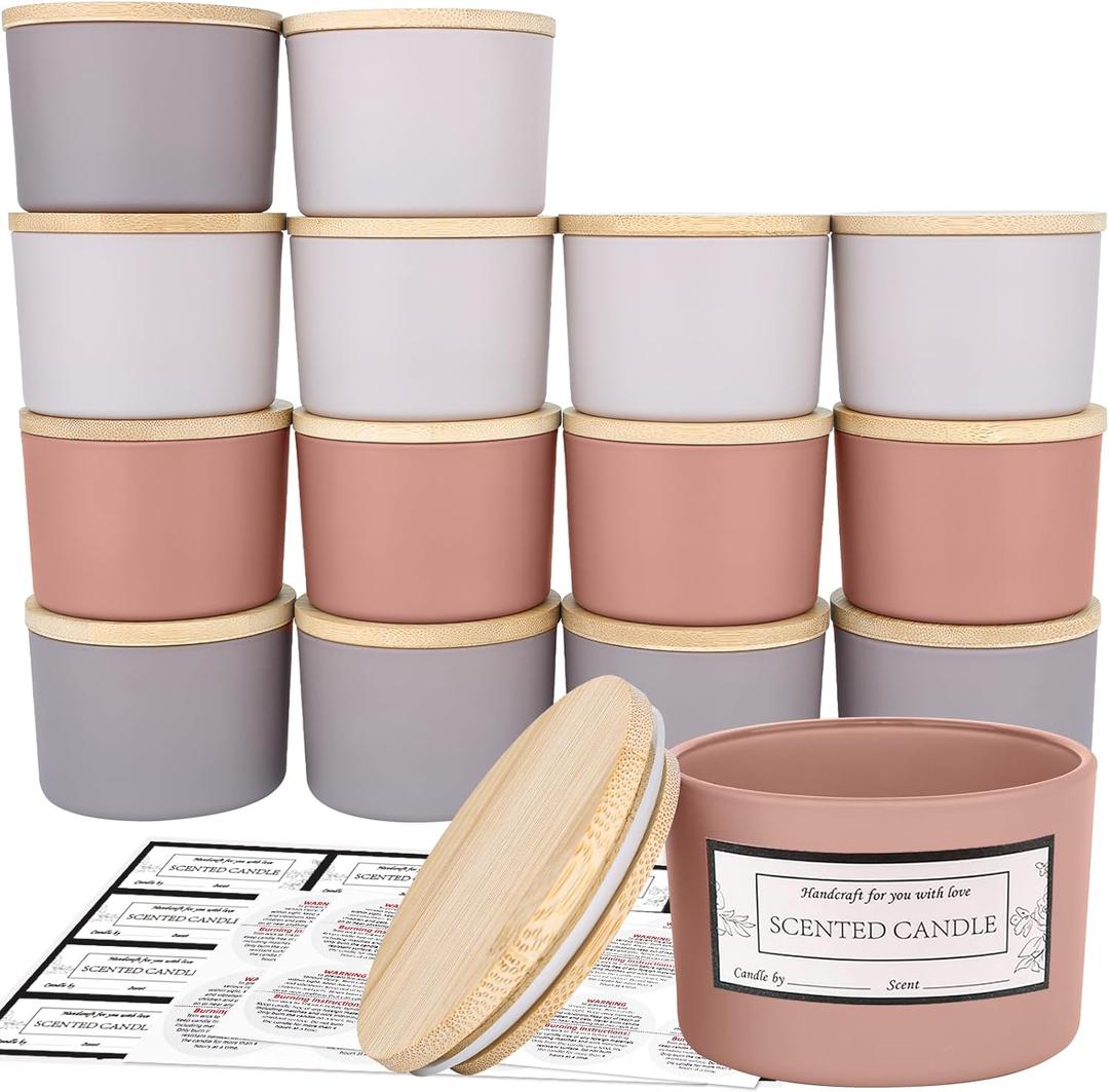CONNOO 15 Pack 4oz Spring Glass Candle Jars with Airtight Bamboo Lids for Making Candles, Bulk Small Wide Mouth Empty Candle Containers with Sticky Warning Labels - Dishwasher Safe