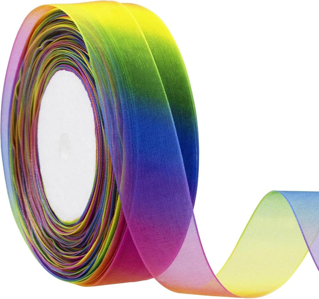 Rainbow Sheer Organza Ribbon 1 Inch Chiffon Ribbons for Gift Wrapping, Flower Bouquet, 50 Yards/Roll