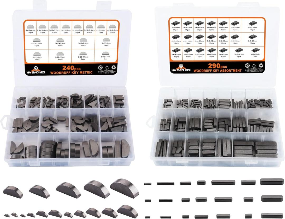 530pcs Metric Woodruff Key Assortment Kit with 37 Sizes, Include 240pcs Woodruff Half Moon Key, 290pcs Stainless Steel Round Ended Feather Key for Fasteners Mechanical Industry Crankshaft