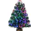 24 inch Green Fiber Optic Christmas Tree, Pre-Lit Artificial Mini Christmas Tree, 2ft Tabletop Small Xmas Tree with Gold Base Pot with Stars for Holiday Home Decorations