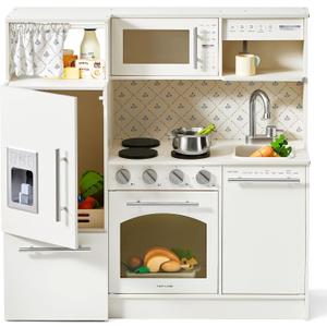Tiny Land Play Kitchen for Kids, Upgraded Wooden Kitchen Toy with Complete Play Areas, Pretend Cooking Set with Sink, Stove, Microwave, Toy Coffee Station & Storage for Kids Ages 3+ (White)