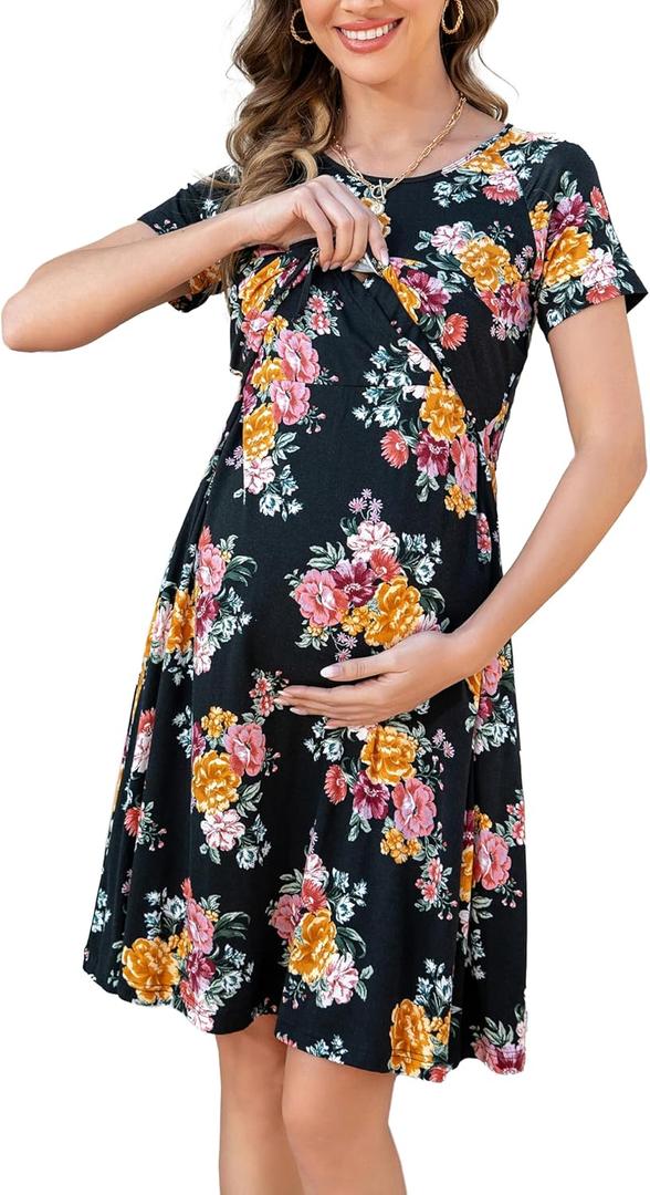 Womens Nursing Dresses Breastfeeding Short Sleeve Drawstring Maternity Nursing Dress with Pockets (Black, XL)