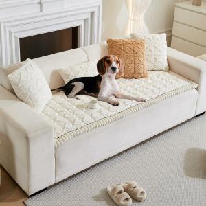 Couch Cover for Dogs Fuzzy Sofa Covers for Pet, Geometric Jacquard Coral Pet-Friendly Washable Non-Slip Sofas Slipcover Cushion Protector Pets Mat Dog Bed Mats (27.6" x 82.7", Cream)