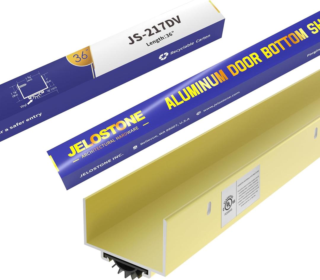 U-Shaped Aluminum Door Bottom Shoes(Gold) - Fire Rated - 1-3/4"W x 1-1/8"H x 36" L Weather Stripping Seal for Exterior Doors, Vinyl Insert, JS-217DV