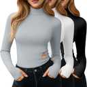 3 Pack Women's Turtleneck Shirts Long Sleeve Slim Fit Thermal Underwear Tops Mock Neck Base Layer with Thumb Holes (Black, Light Gray, White)