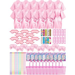 Xuhal 92 Pcs Spa Party Supplies Slumber Party Spa Pretend Play Set with Satin Robes, Headbands and Eye Masks, Sleepover Kit with Gift Bags, Total 10 Sets(Pink,14)