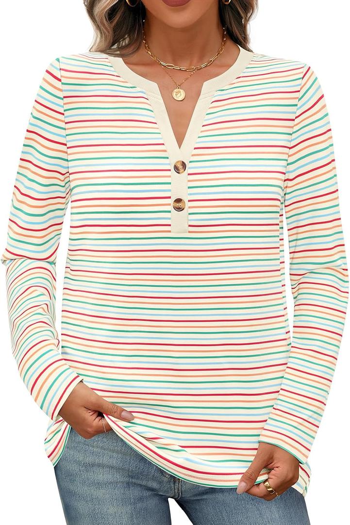 MEROKEETY Women's Fall Long Sleeve Striped Henley Tops V Neck Dressy Casual Loose Shirt 2025 Trendy Blouse (L)