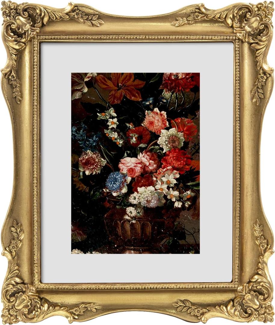 8x10 Vintage Picture Frame Gold, Ornate Baroque Gothic Victorian Frames with Mat for 5x7 or 8 x 10 Photos, Tabletop or Wall Display, Antique Home Decor Accent