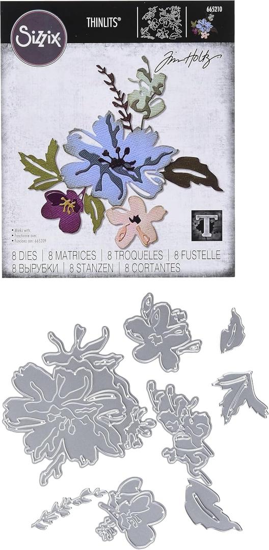 Sizzix Thinlits Die 665210 Brushstroke Flowers #2 by Tim Holtz 8 Pack (Multicolor)