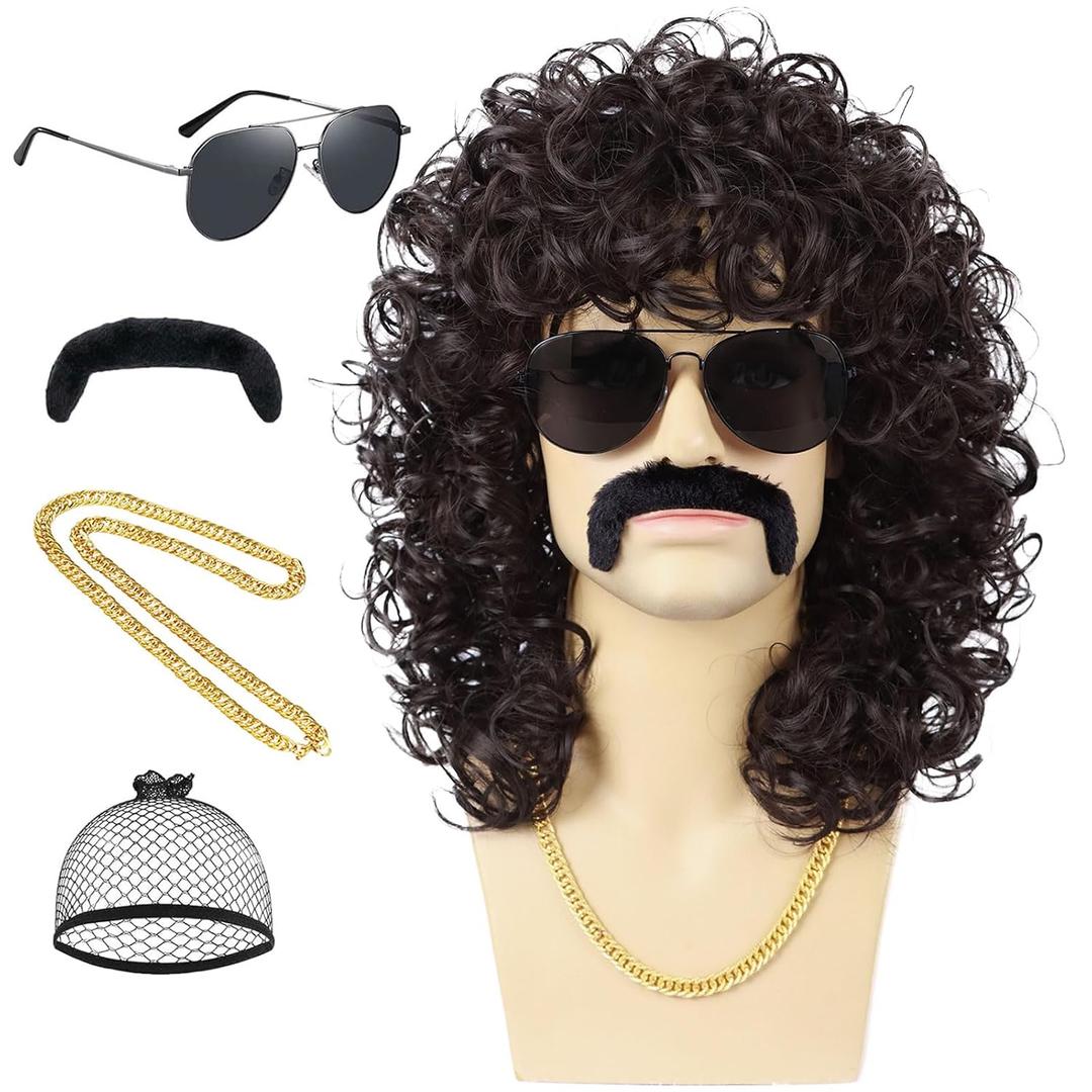 70s 80s Mens Black Wig+Glasses+Golden Chain+Mustache+Wig Cap Long Curly Synthetic Funny Wigs for Retro Outfit Men Party Hippies Rocker Costume Cosplay Halloween5pcs Set