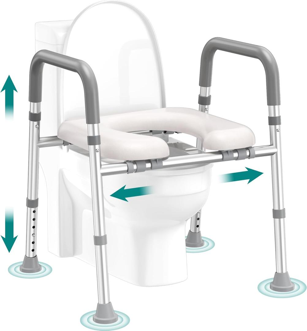 Toilet Seat Risers for Seniors, FSA HSA Eligible Raised Toilet Seat with Handles, Adjustable Height & Width, Cozy Padded 400lb Elevated Toilet Seat, Fit Any Toilet (Grey)