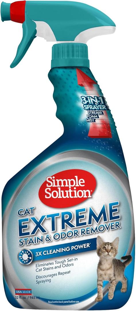 Simple Solution Extreme Cat Stain Eliminator for Strong Odor, Pet Odor Eliminator for Home, Stain Remover for Cats, Floor Cleaner, Urine Destroyer, Carpet Cleaner Spray, 32oz (32 Ounce (Pack of 1))