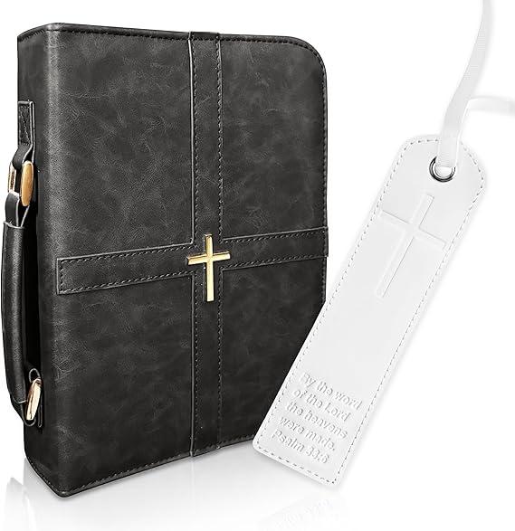 HFLZBRO Bible Cover, Discreet & Elegant Bible Case, Brown PU Leather Bible Cover, Cross Design Bible Bags, Strong and Sturdy Book Case, Includes Premium Bookmark (Gray)