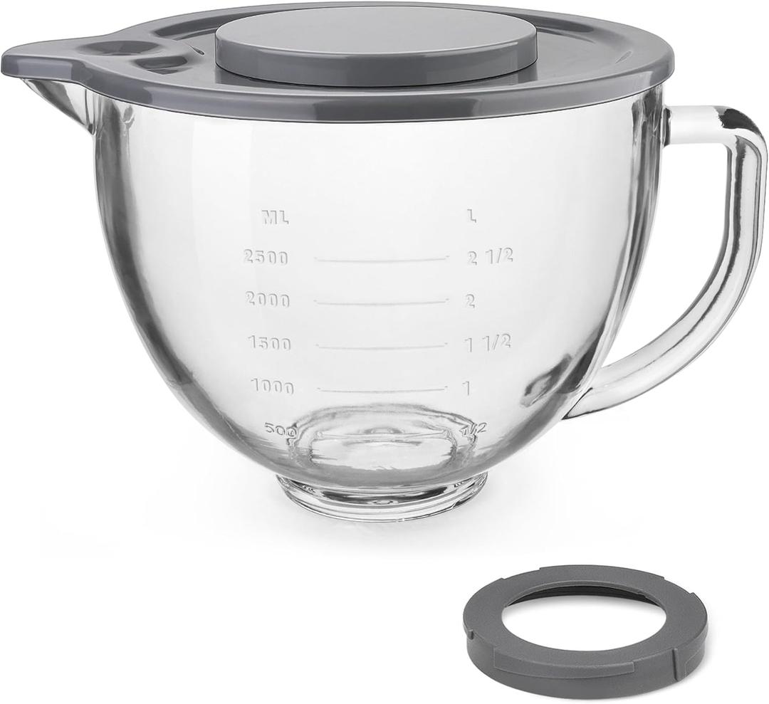 Glass Mixing Bowl Accessory 5 Quart - Compatible with KitchenAid 4.5 and 5 Quart Tilt-Head Stand Mixers (With Lid & Lock Ring)