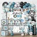 256pcs Fast One Birthday Decorations for Boys, All-in-1 Supplies Pack with 20pcs Vintage Race Car and Car Themed Plates, Napkins, 2pcs Tablecloth for Fast One Birthday Decorations