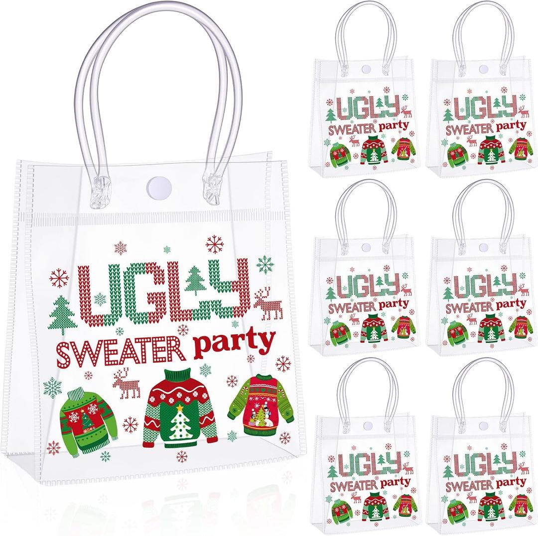 Sweetude 24 Pcs Ugly Sweater Party Clear PVC Goodie Bag with Handles Christmas Treat Bags for New Year Christmas Birthday Gifts Xmas Holiday Supplies, 6.3 x 5.9 x 2.7 Inch (Ugly Sweater A)