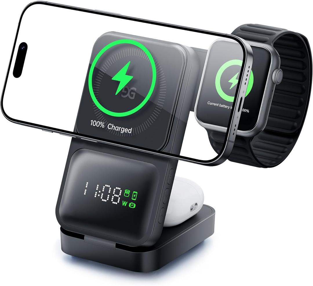 GUSGU 3-in-1 Charging Station for MagSafe Wireless Charger Clock, LED Screen with Power Display, 15W Fast Charging, Compatible with iPhone 17/Air/16/15, iWatch Ultra 3, AirPods Pro 3, Black