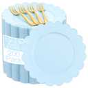 LIYH 200 Pcs Baby Blue Plastic Plates and Gold Forks Blue Dessert Scalloped Disposable Cake Plate- 7.5 Inch Premium Hard Appetizer Cake Plastic Plates for Party,Weddings,Bridal Shower,Easter