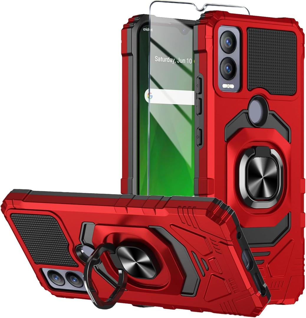7 x Compatible for Cricket Magic 5G Case, AT&T Propel 5G Case with Tempered Glass Screen Protector,Ring Kickstand,Military Grade Heavy Duty Shockproof Protective Cover (Red)