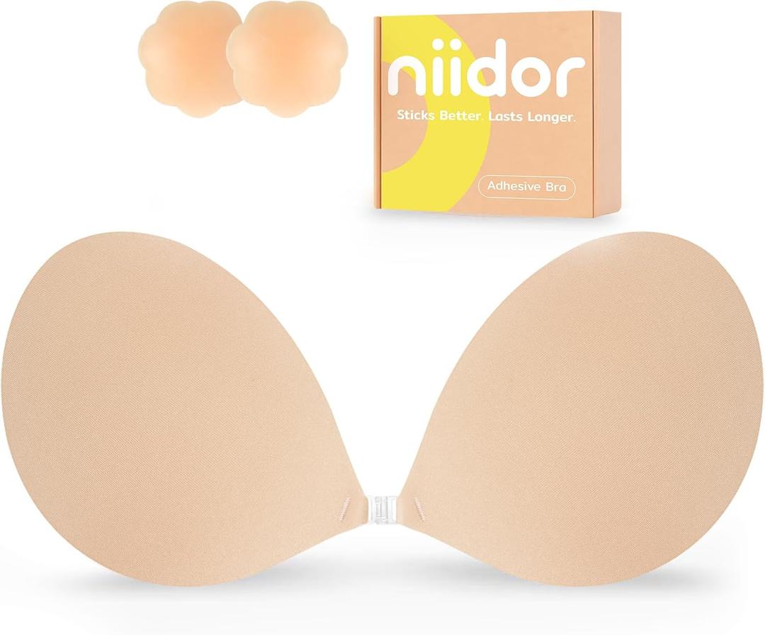 Niidor Adhesive Bra Strapless Ultra Sticky Invisible Push up Silicone Bra Multiple Colors Sizes Reusable for Backless Dress (Nude)