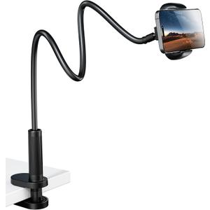 Gooseneck Phone Holder for Bed  360 Flexible Adjustable Clamp, Long Arm Gooseneck Bracket for Desk Headboard Bedside, Compatible with iPhone 16 15 Pro Max XR X 8 7 & 3.5-7" Devices (Black)