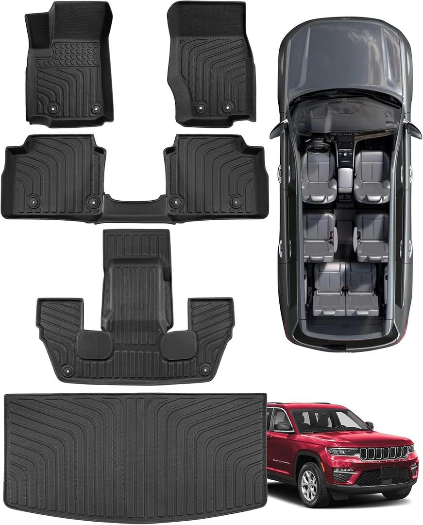 Car Floor Mat for Jeep Grand Cherokee L: Rubber Custom Fit 1st & 2nd & 3th Row Cargo Liner Set - All Weather Accessories Only for 6-Passenger Without Center Console 2021 2022 2023 2024 2025 2026