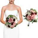11 Inch Dusty Pink & Burgundy Silk Rose & Peony Bridesmaid Bouquets - Realistic & Easy to Arrange - Wedding Decorations