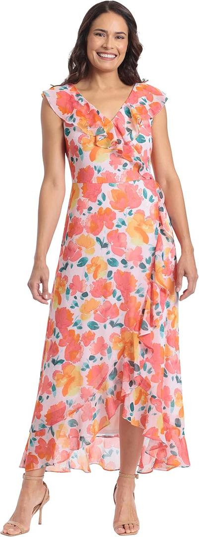 London Times Womens Chiffon Faux Wrap Ruffle Maxi Dress Guest of Wedding (12, Blush/Pink)