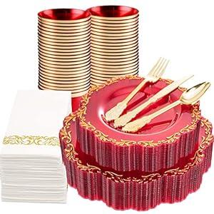 PULOTE 175PCS Clear Red Plastic Plates with Gold Rim & Gold Plastic Silverware Include 25 Dinner Plates, 25 Dessert Plates, 25 Knives, 25 Forks, 25 Spoons, 25 Cups, 25 Napkins for Party&Christmas