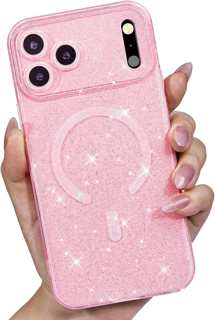 LoeoeL for iPhone 17 Pro Max Case Glitter Compatible with Magsafe, Girly Cute Sparkly Magnetic Mag Safe Pretty Phone Case for Women, Bedazzled Bling Sparkle Slim Bright Silicone Rubber, Light Pink