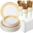 700 Pcs Disposable Dinnerware Set for 100 Guests Include 200 Paper Plates, 300 Plastic Silverware, 100 Paper Cups, 100 Napkins for Wedding Birthday Party Supplies (White Gold Pattern)