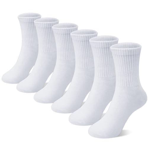 SEEKSOCK 6 Pairs Kids Crew Socks Boys Girls Unisex Athletic Classics Cotton School Uniform Striped Socks, White, 9-12 Years