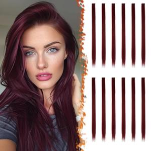 BARSDAR Wine Red Hair Extensions Clip in - Colored Red Hair Extension for Women - 22'' 12 PCs Colorful Hair Extensions Straight Synthetic Highlights Halloween Christmas Hair - Wine Red