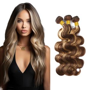 Highlight Human Hair Bundles P4/613 Body Wave Human Hair Bundles Brown Body Wave Bundle P4/613 Color Brazilian Two Tone Chocolate Brown and Blonde Bundles Human Hair Extensions 26 28 30 Inch