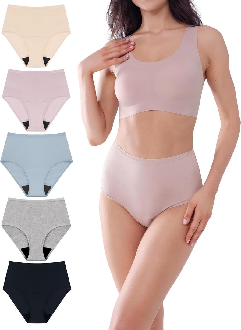 AIRCUTE Washable Urine Absorbency Incontinence Underwear for Women Bladder Leak Proof Cotton Panties 60ML 5 Pack (5 Colors, Medium) (Beige)