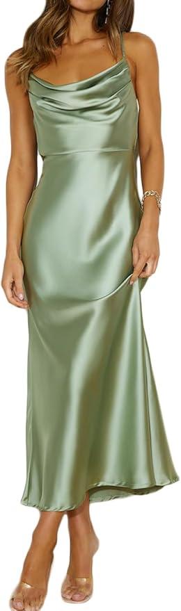 RNTMR Summer Satin Spaghetti Strap Cowl Neck Backless Midi Dresses for Women Elegant Tie Low Back Ruched Cocktail Dress, XL