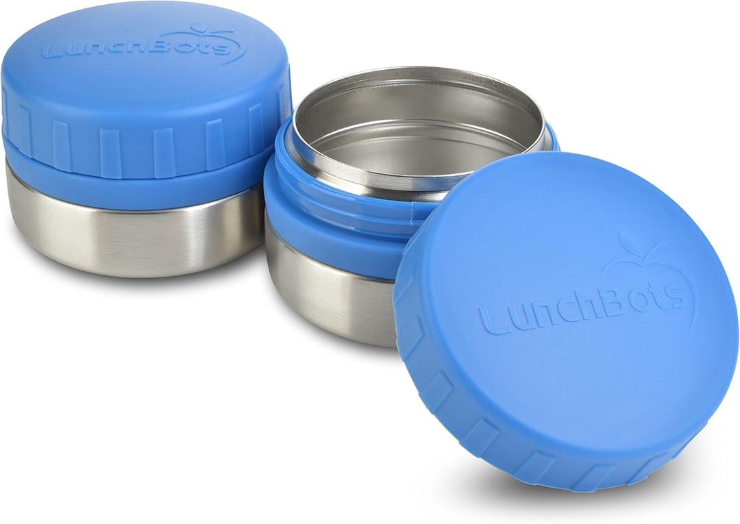 LunchBots Rounds Leak Proof 4 oz. Stainless Snack Container Jar, Set of 2, Blue Lid