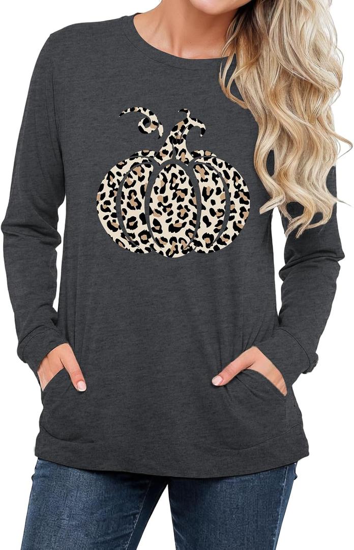 Halloween Shirts Womens Long Sleeve with Pockets, Pumpkin Skull Graphic Tops Fall Fashion Crew Neck T-Shirt Casual (XL)