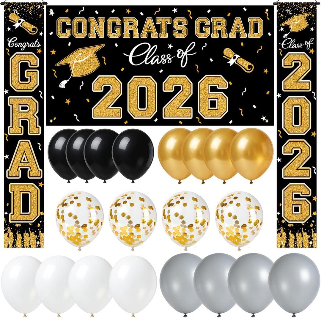 WOHOHOHO 23Pcs Graduation Decorations 2026 Set, Black Gold Porch Door Sign GRAD Banner, Class of 2026 Backdrop, 5 Colors Large Balloons, Party Supplies for High School College Indoor Outdoor Decor