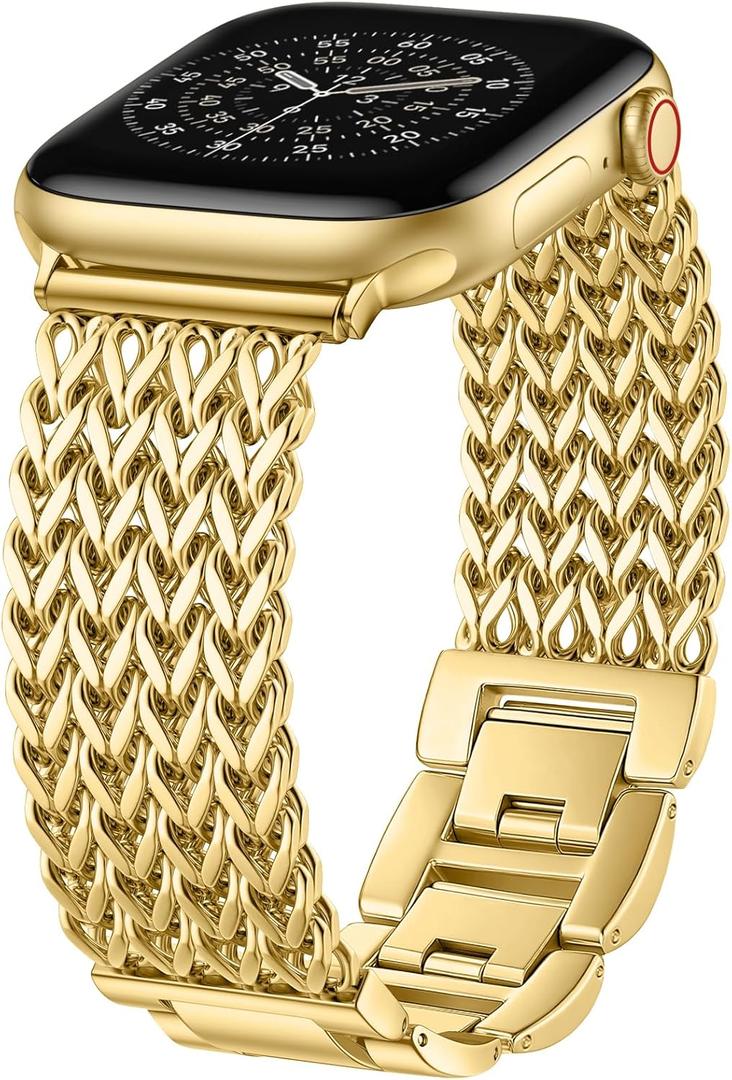 Metal Band Compatible with Apple Watch Bands for Women 40mm 41mm 42mm 38mm 44mm 45mm 46mm 49mm, Dressy Stainless Steel Link Bracelet, Designer Strap for iWatch Series 11/SE/10/9/8/7/6/5/4/3/2/1/Ultra (Gold)