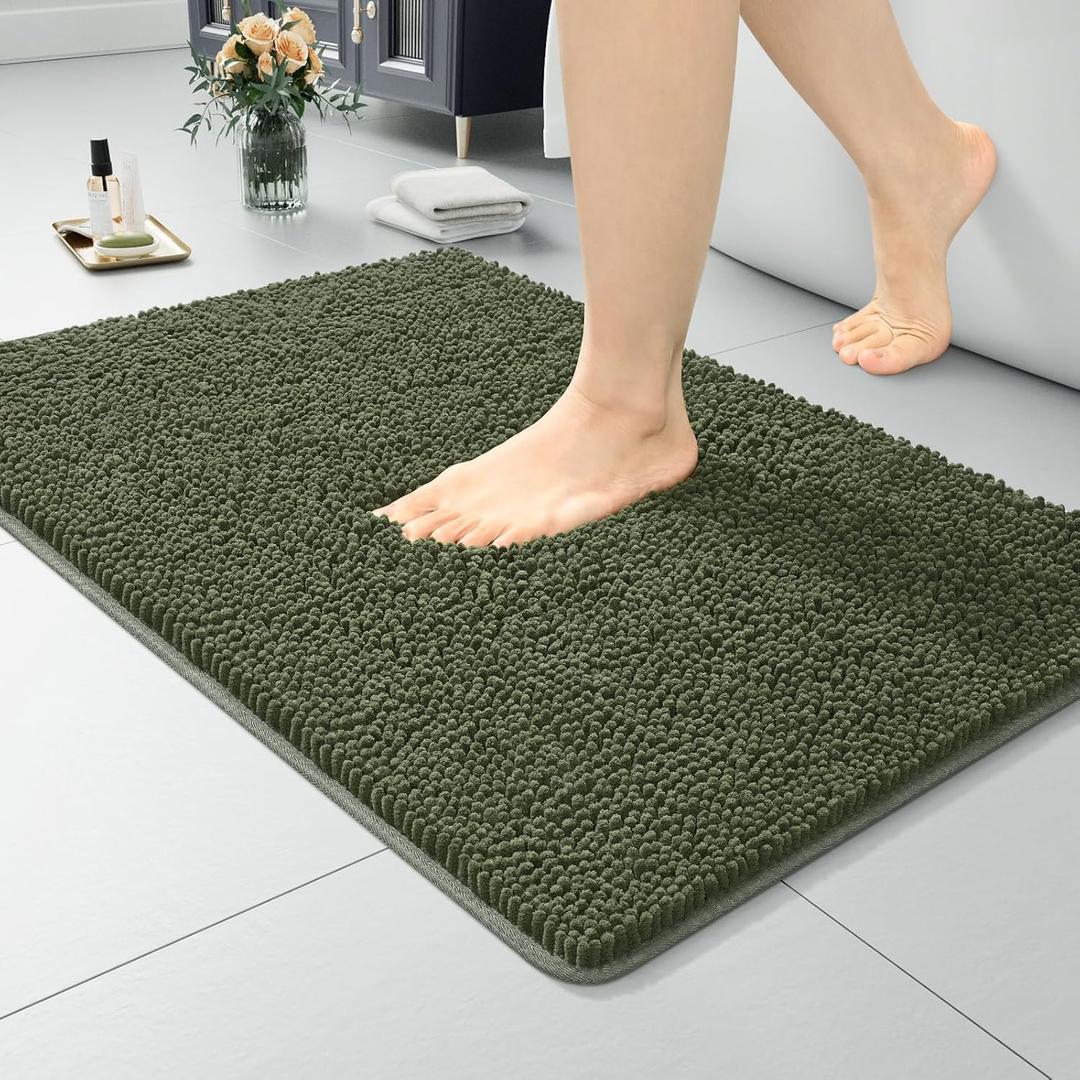 LOCHAS Luxury Bathroom Rug Shaggy Bath Mat 24 x 17 Inch, Washable Non Slip Bath Rugs for Bathroom Shower, Soft Plush Chenille Absorbent Carpets Mats, Olive Green