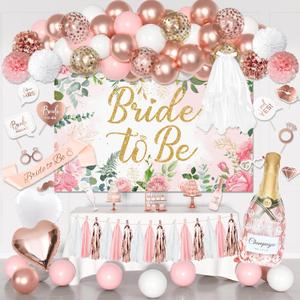 Bachelorette Party Decorations, Rose Gold Bride Shower Decorations Bride to Be Banner Backdrop Veil Sash Confetti Foil Balloons Tassel Paper Pom Poms Photo Props for Engagement Wedding Party Favors (Pink and White)