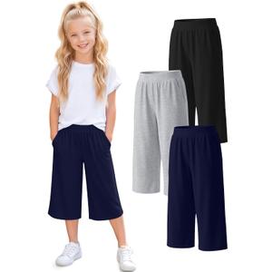 2 x 3 Pack Girls' Capri Pants Wide Leg | Elastic, Waist, Loose Fit, Capris, Casual, Workout, Summer, Cropped, Pants, Pockets