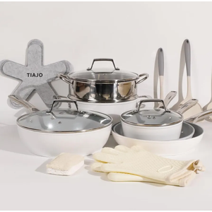 17 Pcs Pots and Pans Set Nonstick, Ceramic Cookware Set with Utensils and Pot Protectors, PFAS & PTFE & PFOA Free, Induction Compatible, Dishwasher Safe, Oven Safe, White & Gray…